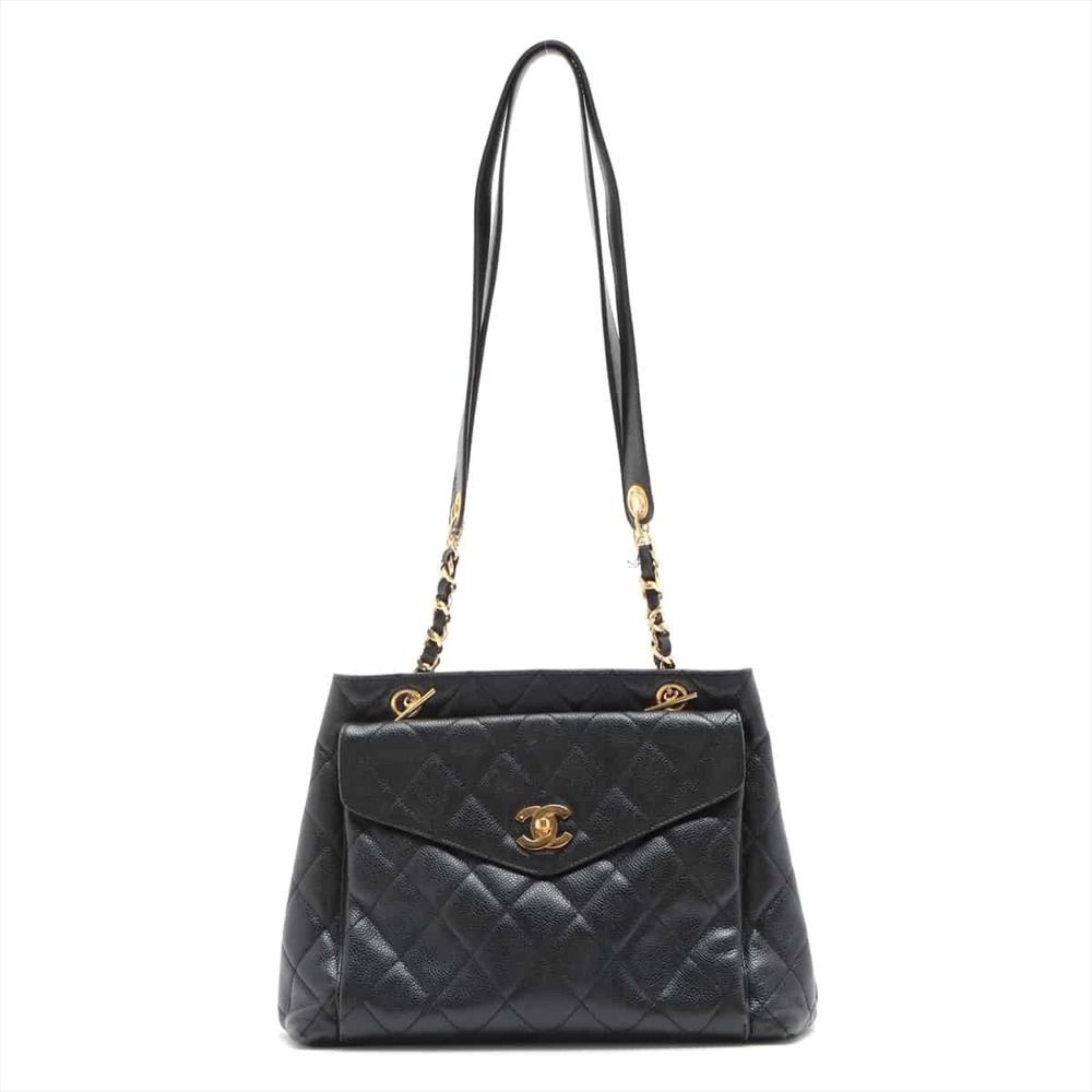 CHANEL Matelasse Caviar Skin Chain Tote Bag Black Gold Hardware